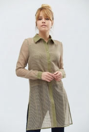 Длинная женская рубашка хаки в сеточку 27413