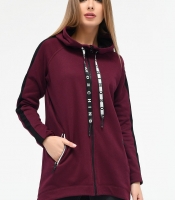 Удлиненная спортивная кофта с капюшоном и карманами цвет марсала 34573