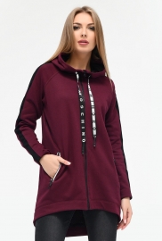Удлиненная спортивная кофта с капюшоном и карманами цвет марсала 34573 Удлиненная спортивная кофта с капюшоном и карманами цвет марсала 34573
