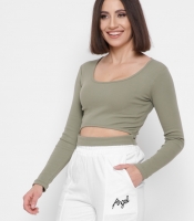 Облегающий топ хаки с длинным рукавом 43289