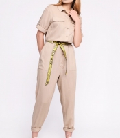 Льняной бежевый комбинезон с поясом 35868