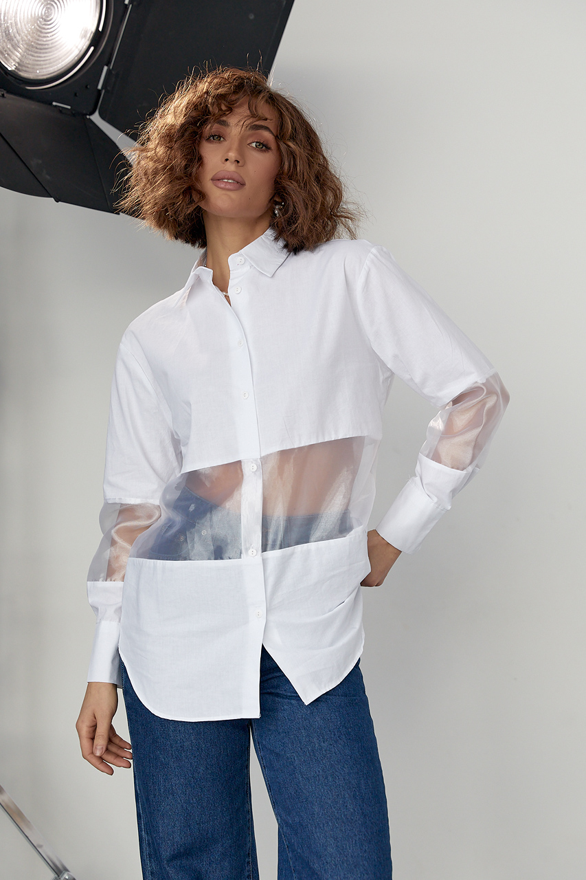 Удлиненная женская рубашка с прозрачными вставками