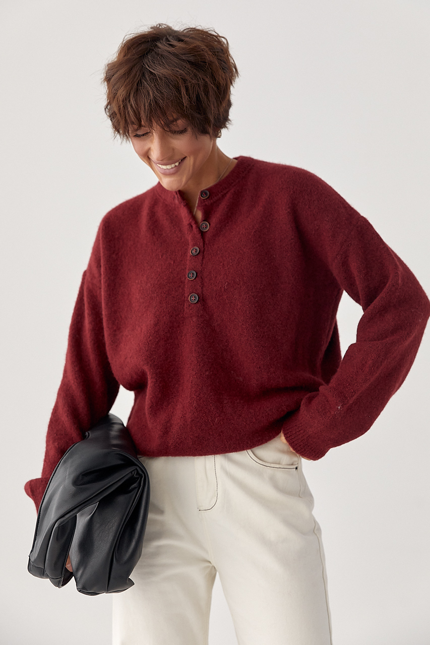 В'язана вільна кофта з ґудзиками на горловині LX-10707835 В'язана вільна кофта з ґудзиками на горловині LX-10707835