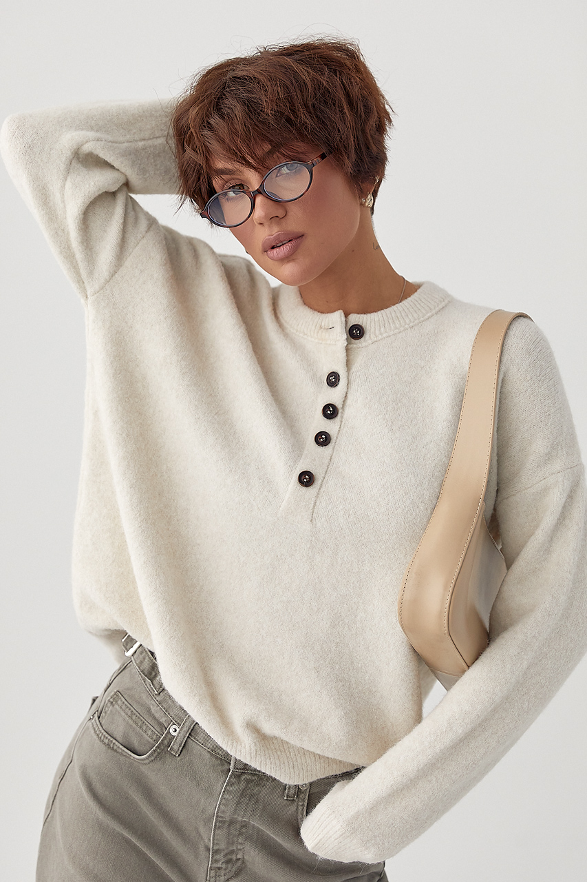 В'язана вільна кофта з ґудзиками на горловині LX-10707847 В'язана вільна кофта з ґудзиками на горловині LX-10707847