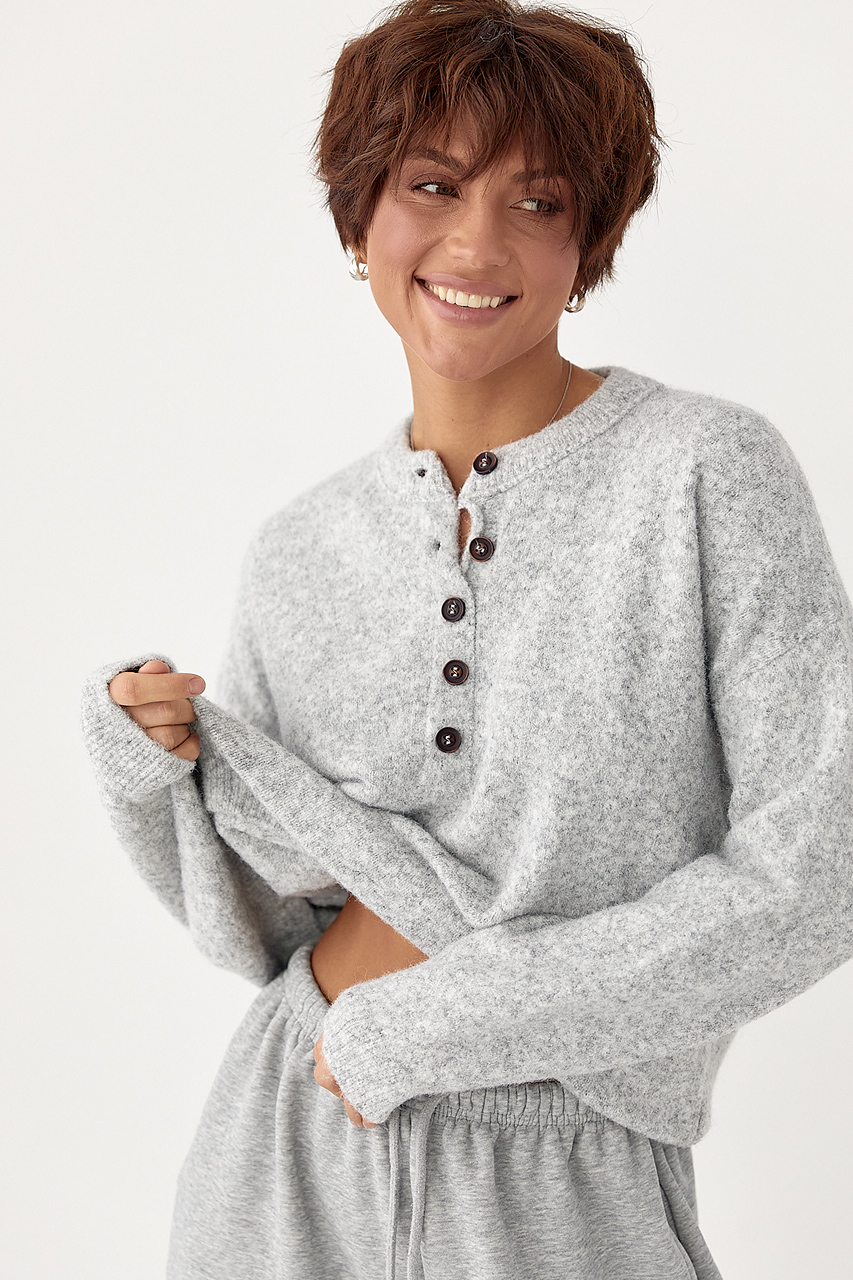 В'язана вільна кофта з ґудзиками на горловині LX-10707810 В'язана вільна кофта з ґудзиками на горловині LX-10707810