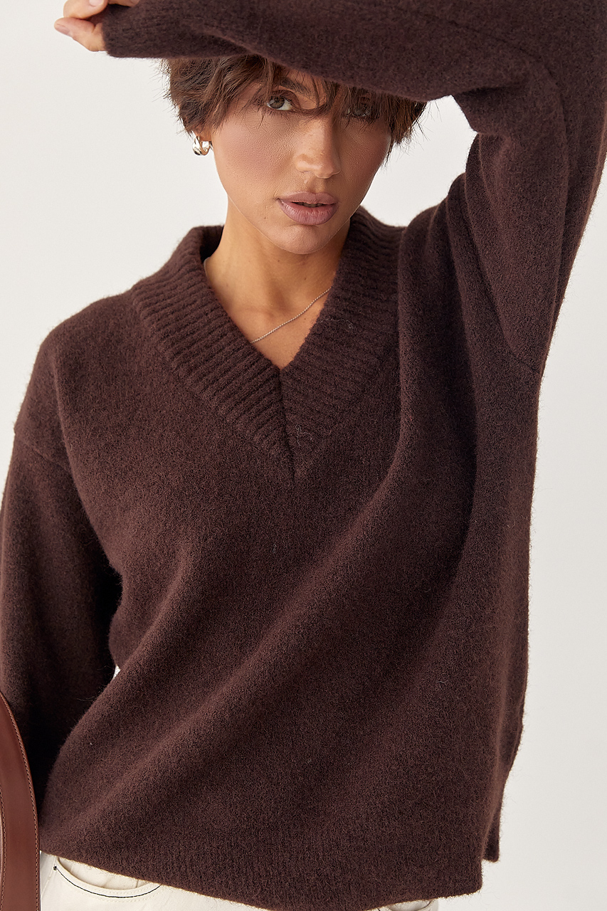 В'язаний однотонний пуловер вільного фасону LX-10708028 В'язаний однотонний пуловер вільного фасону LX-10708028