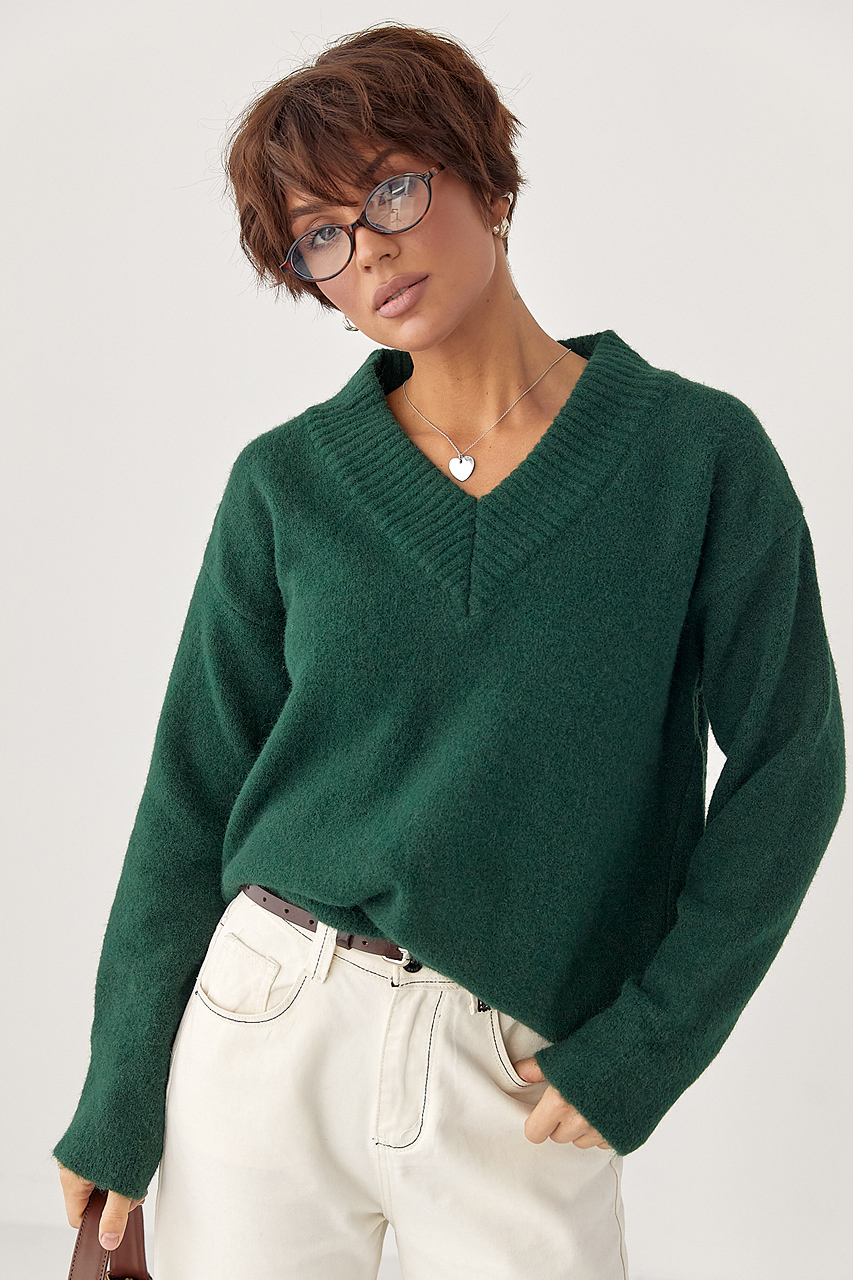 В'язаний однотонний пуловер вільного фасону LX-10708025 В'язаний однотонний пуловер вільного фасону LX-10708025