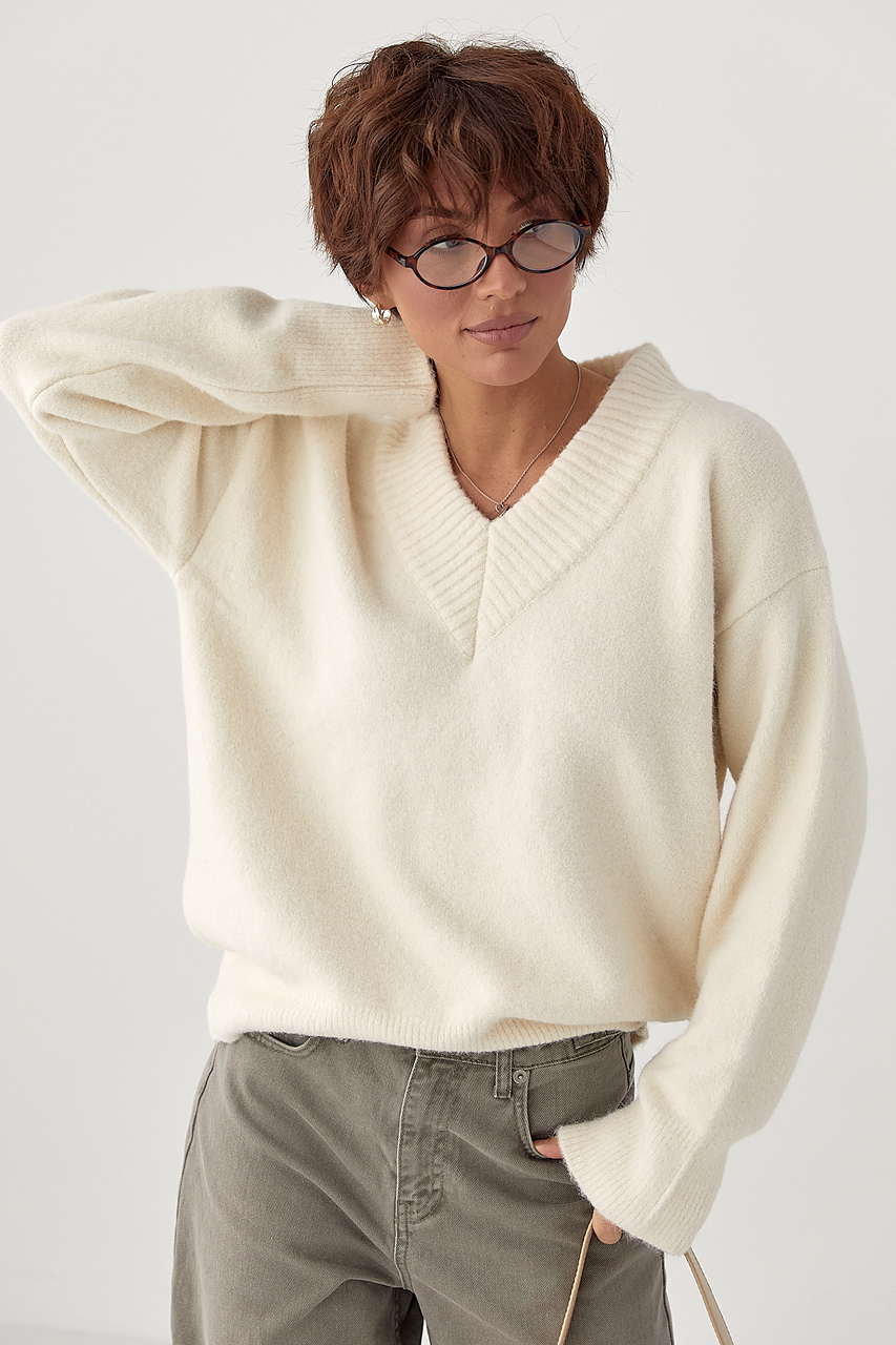 В'язаний однотонний пуловер вільного фасону LX-10708047 В'язаний однотонний пуловер вільного фасону LX-10708047