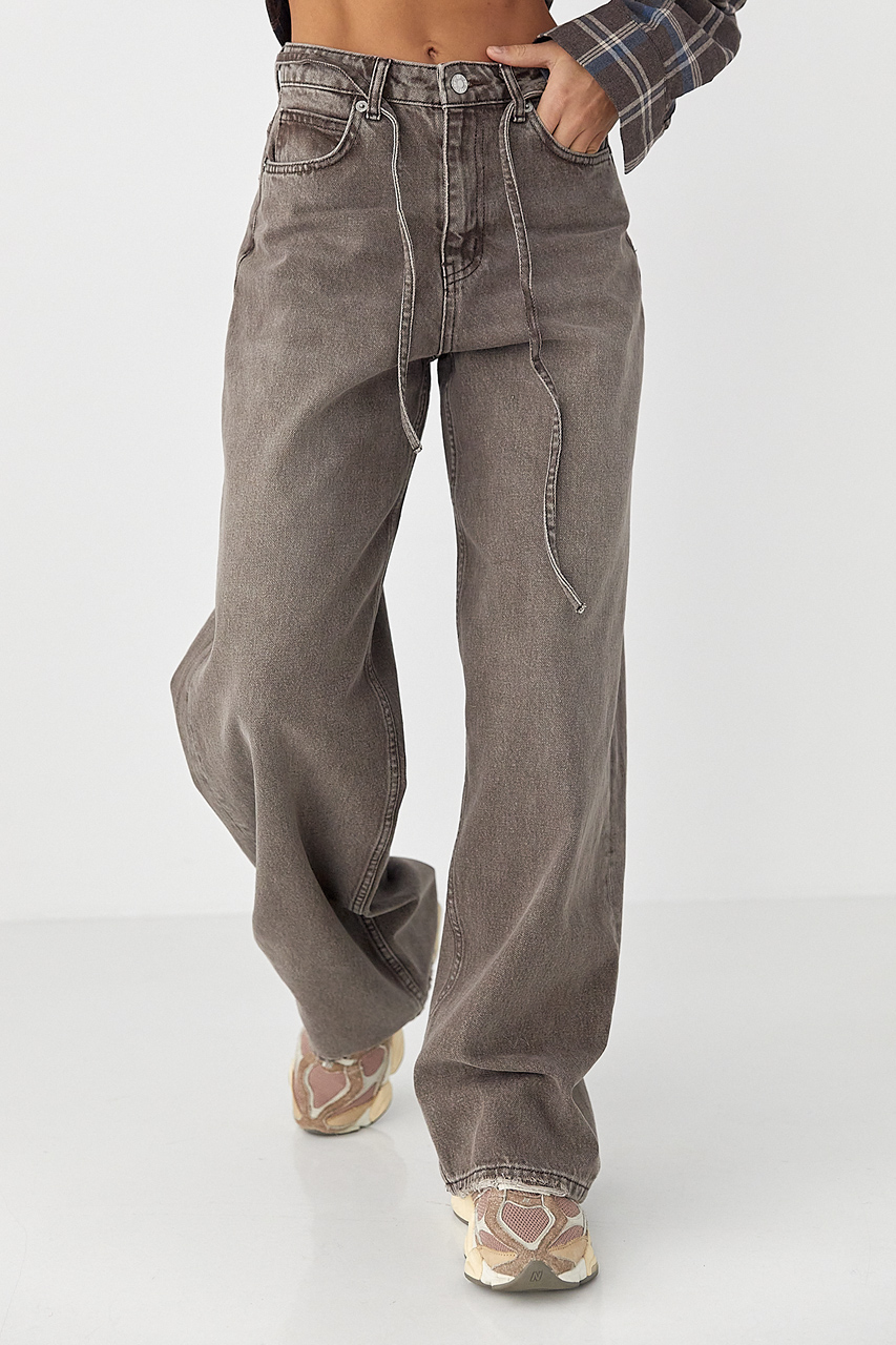 Жіночі шоколадні джинси із зав'язками на поясі LX-10708728 Жіночі шоколадні джинси із зав'язками на поясі LX-10708728