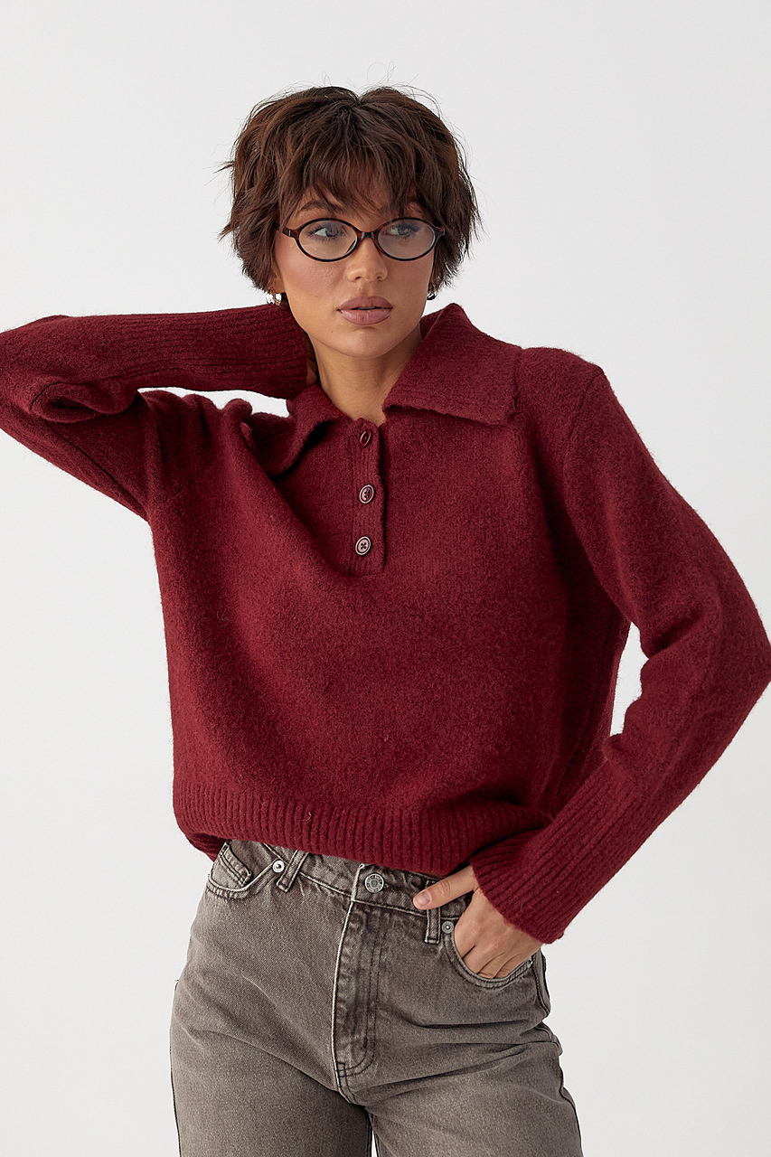 В'язана кофта-поло з ґудзиками на горловині LX-10709635 В'язана кофта-поло з ґудзиками на горловині LX-10709635