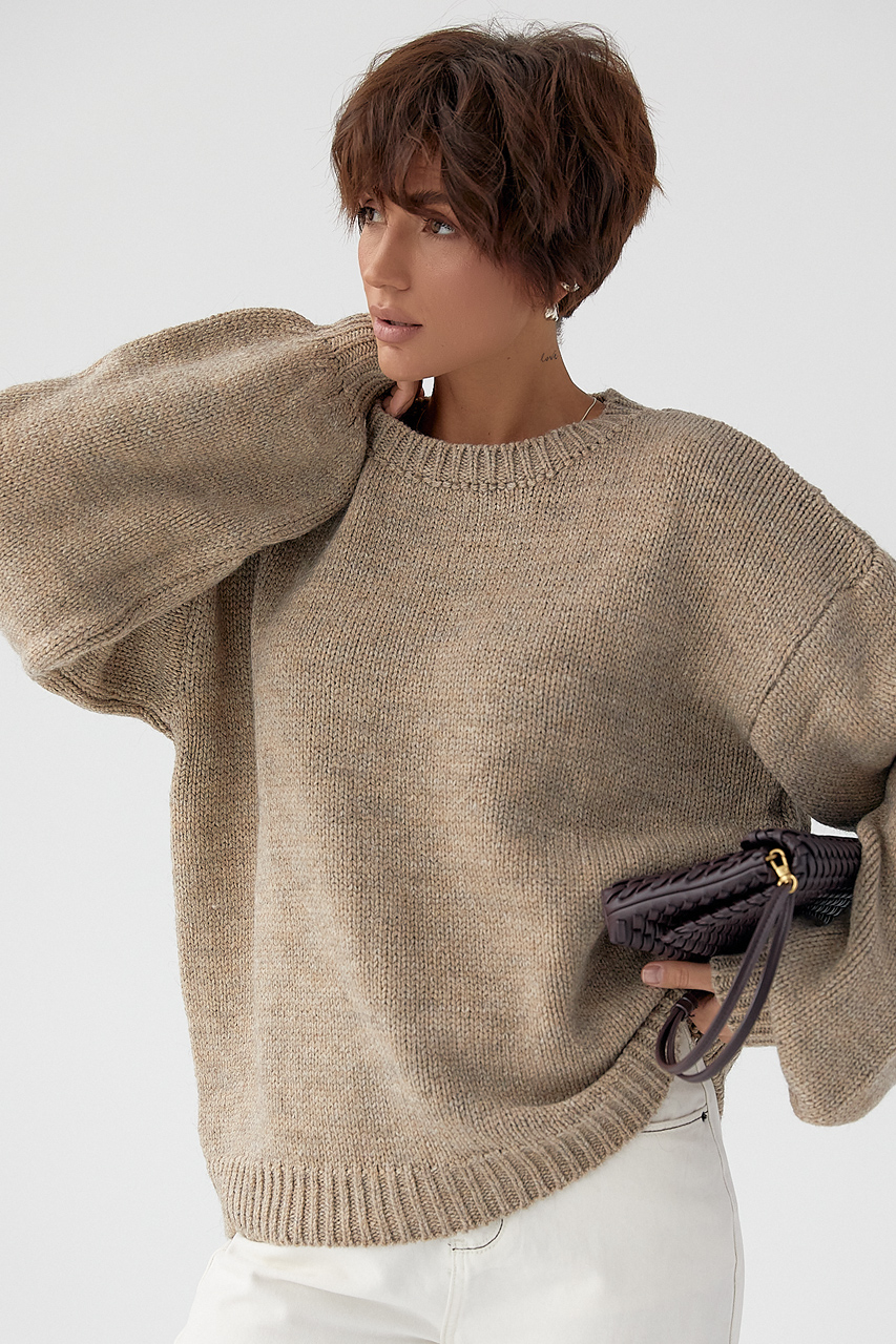 В'язана однотонна кофта з рукавами-ліхткриками  LX-10711415