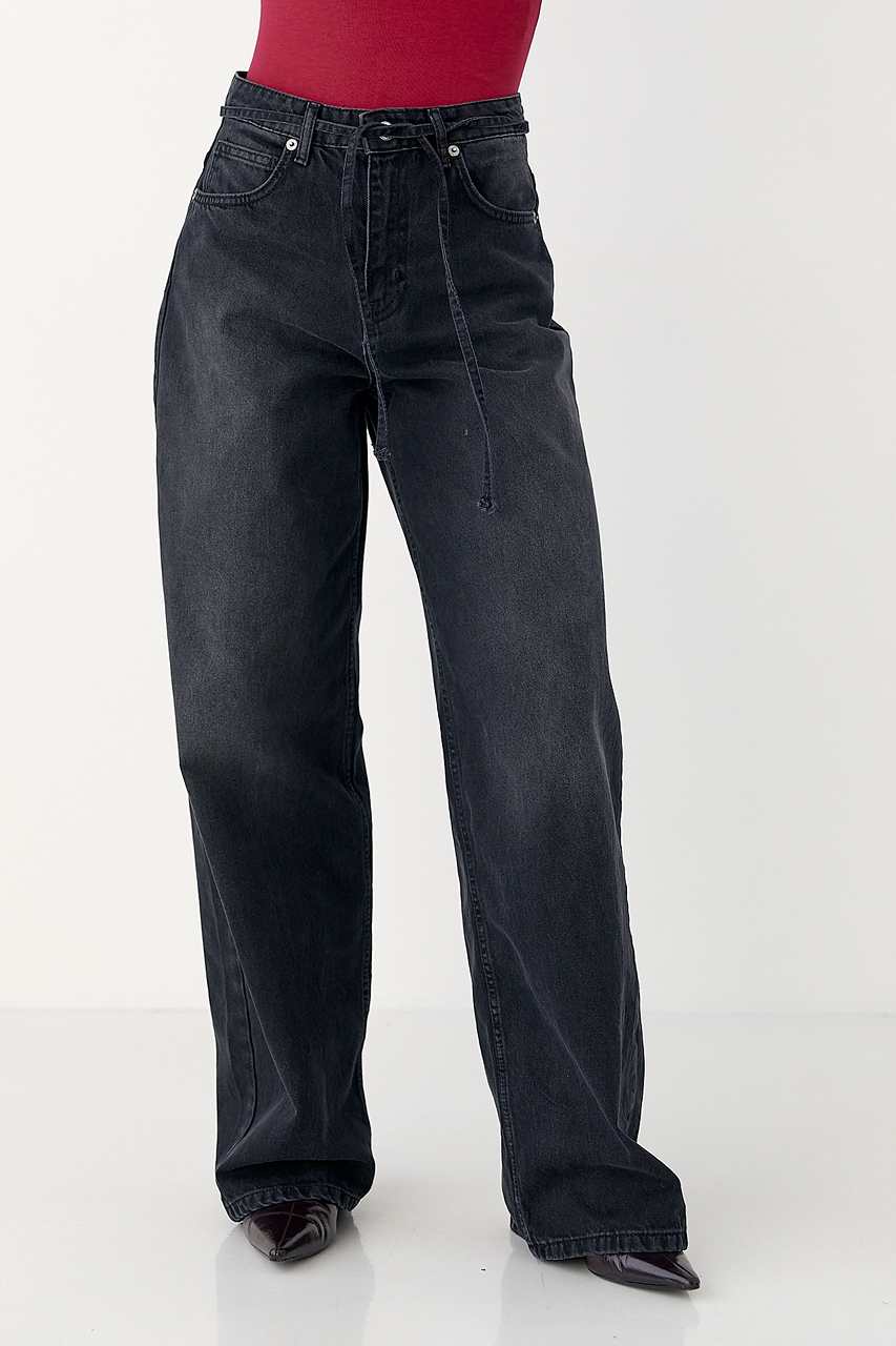 Однотонні чорні джинси Palazzo із зав'язками на поясі LX-10711809 Однотонні чорні джинси Palazzo із зав'язками на поясі LX-10711809