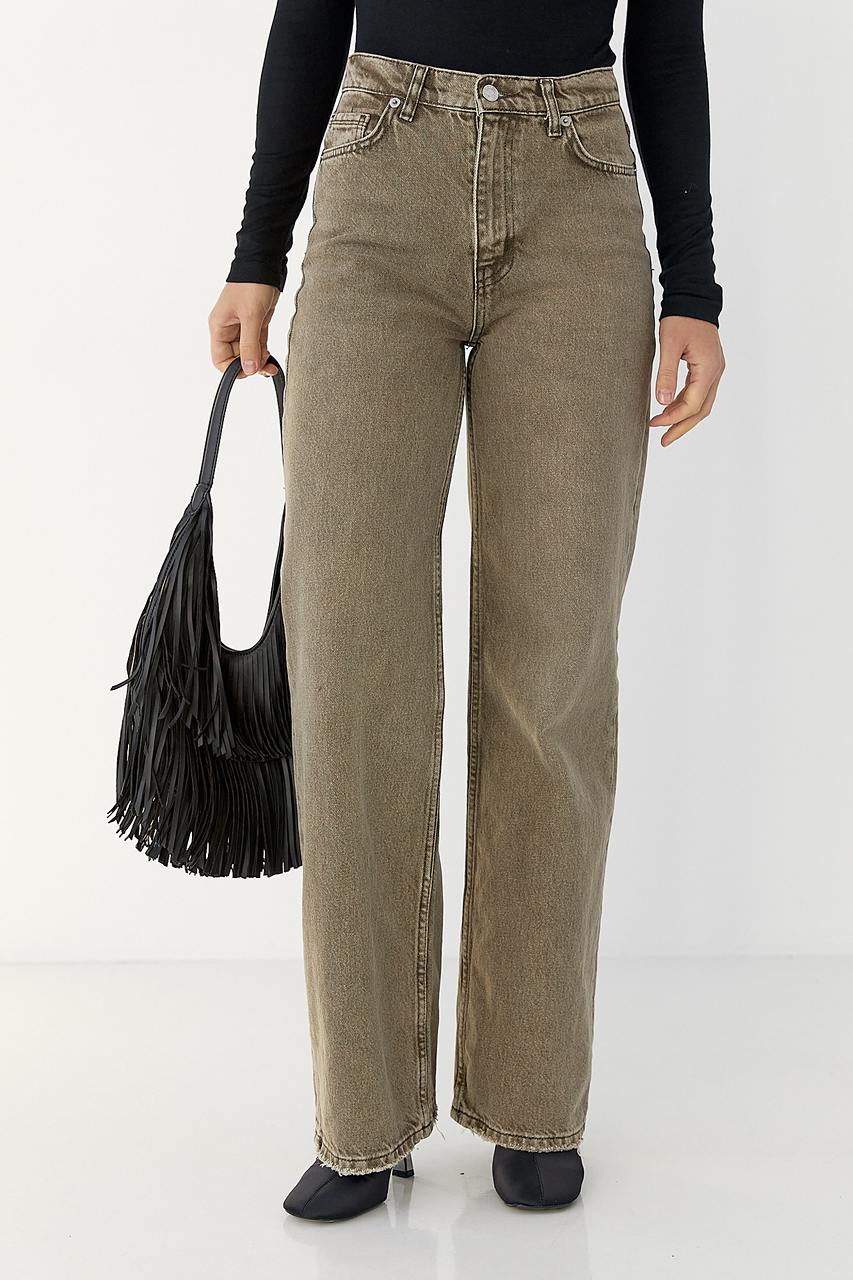 Прямі жіночі джинси з потертостями внизу  LX-10712316