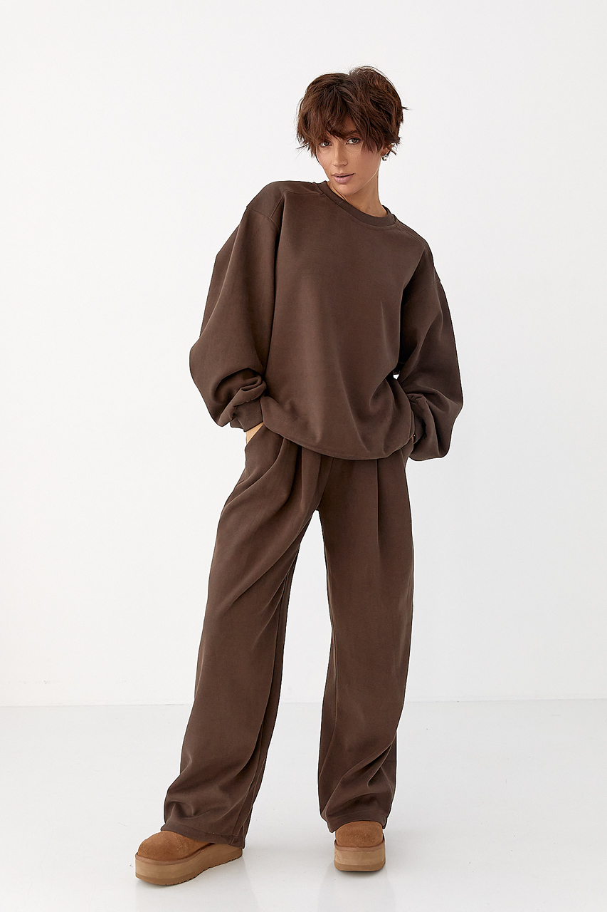 Теплий однотонний костюм зі світшотом та штанами зі складками  LX-10712428