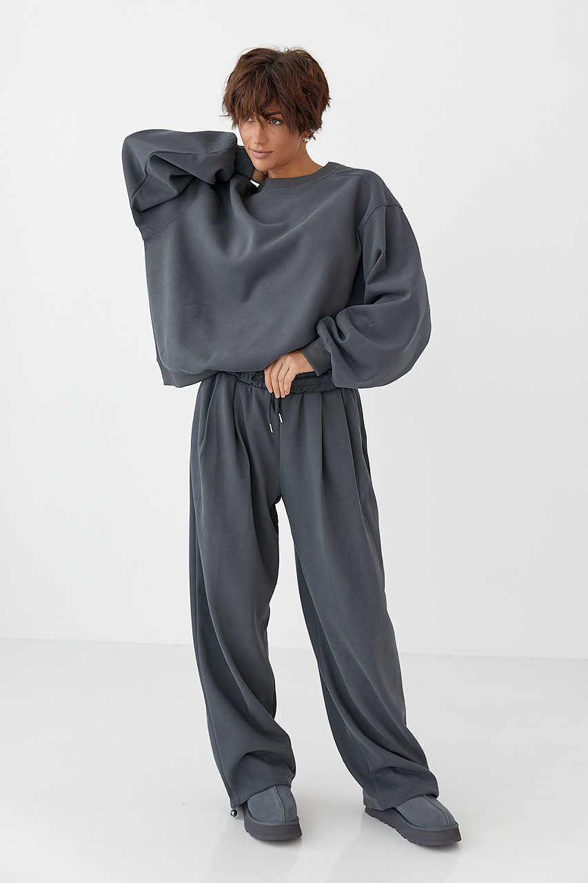 Теплий однотонний костюм зі світшотом та штанами зі складками  LX-10712422