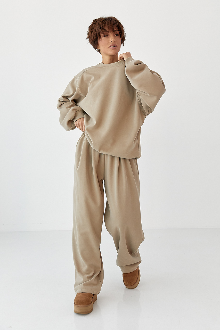 Теплий однотонний костюм зі світшотом та штанами зі складками LX-10712420 Теплий однотонний костюм зі світшотом та штанами зі складками LX-10712420