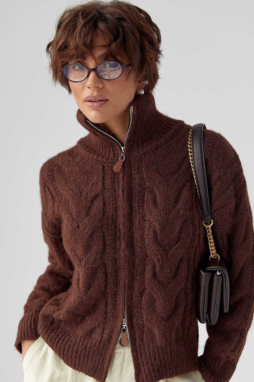 Теплий кардиган в косички на блискавці