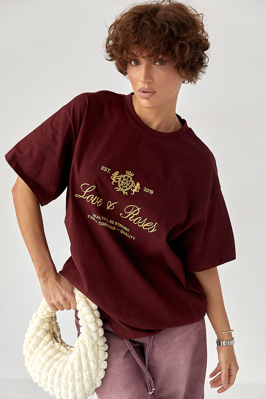 Футболка вільного фасону з вишитими написами LX-10716235 Футболка вільного фасону з вишитими написами LX-10716235