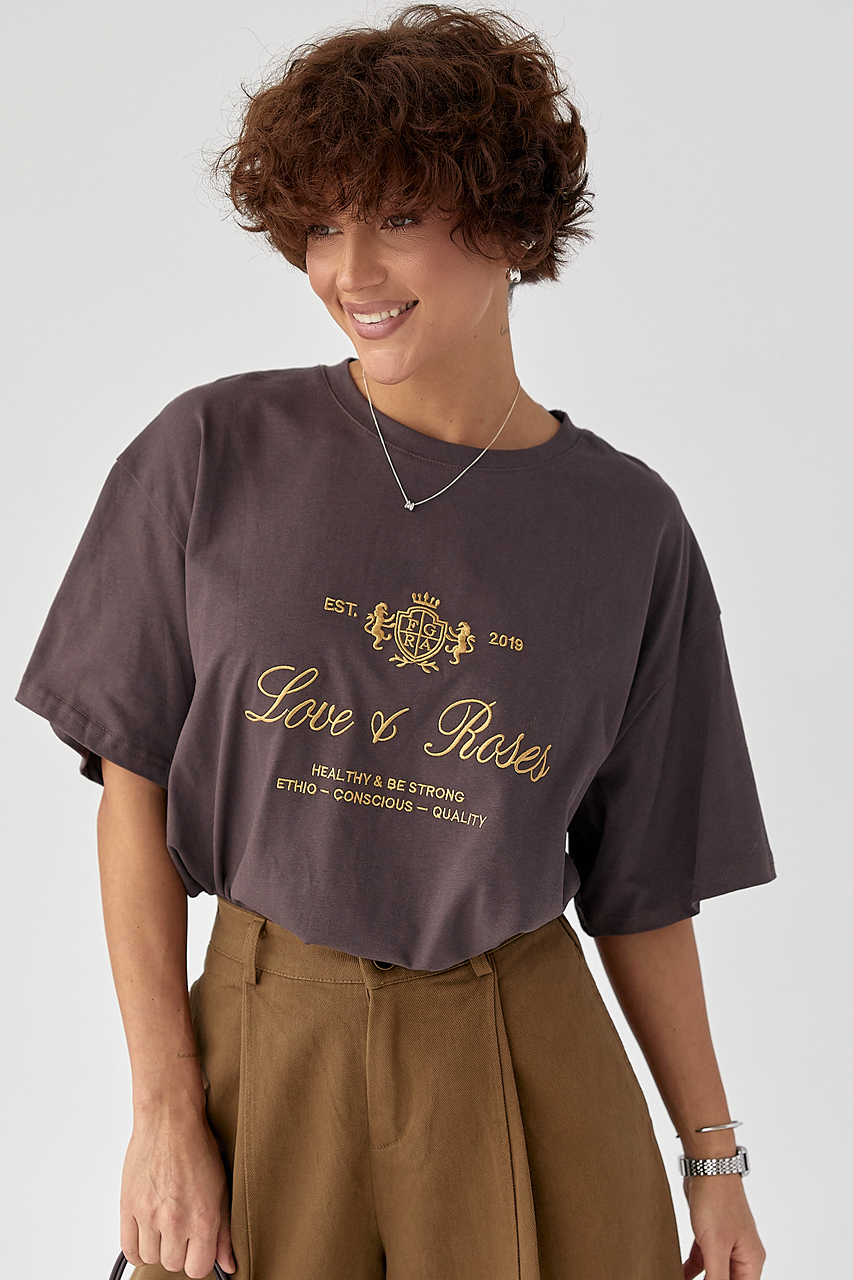 Футболка вільного фасону з вишитими написами LX-10716228 Футболка вільного фасону з вишитими написами LX-10716228