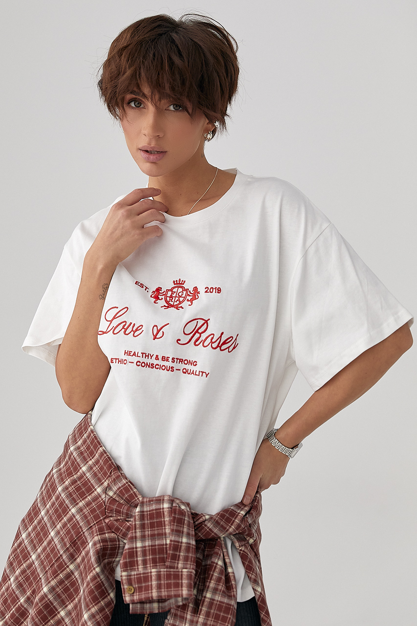 Футболка вільного фасону з вишитими написами LX-10716201 Футболка вільного фасону з вишитими написами LX-10716201