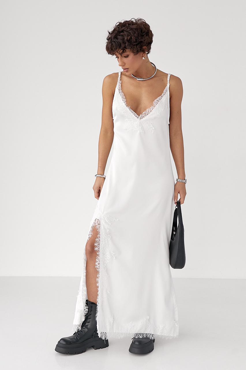 Сатинова сукня на бретелях із мереживом  LX-10718701