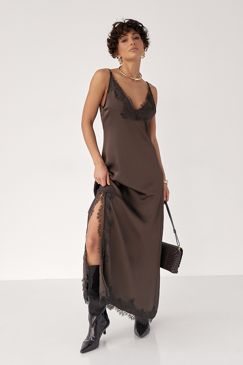 Сатинова сукня на бретелях із мереживом  LX-10718728