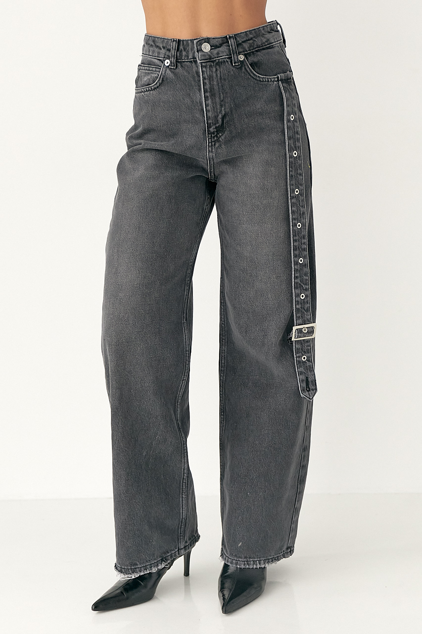 Прямі джинси із декоративним поясом на штанині  LX-10719109