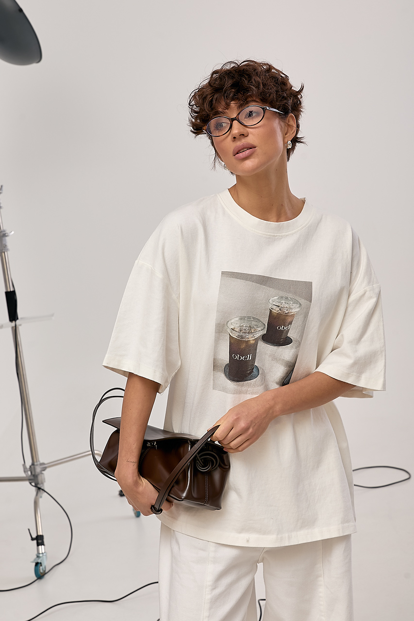 Оверсайз футболка з принтом "Coffee Cups"  LX-10723047