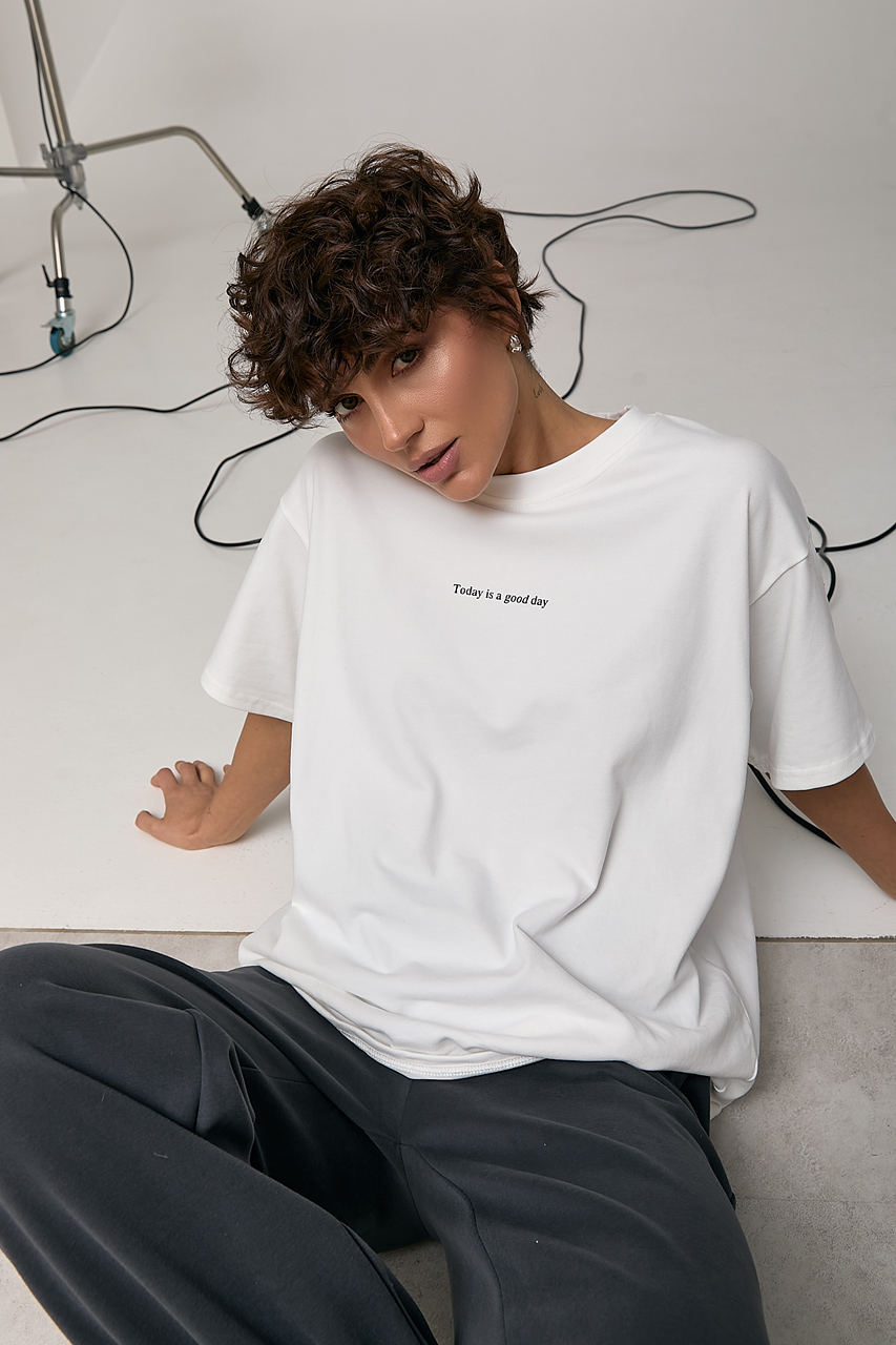 Однотонна футболка з написом вільного фасону  LX-10723101