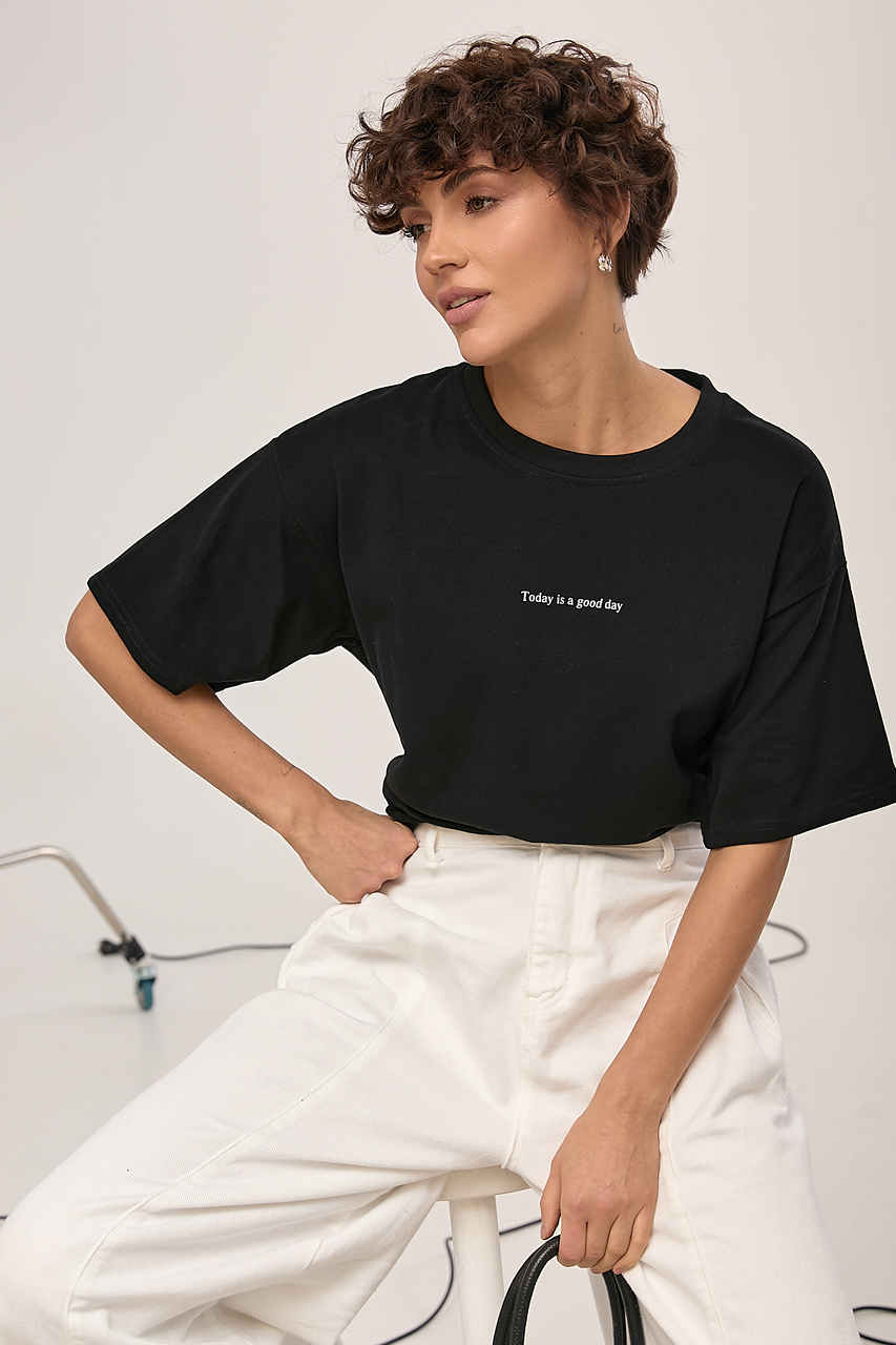 Однотонна футболка з написом вільного фасону  LX-10723109