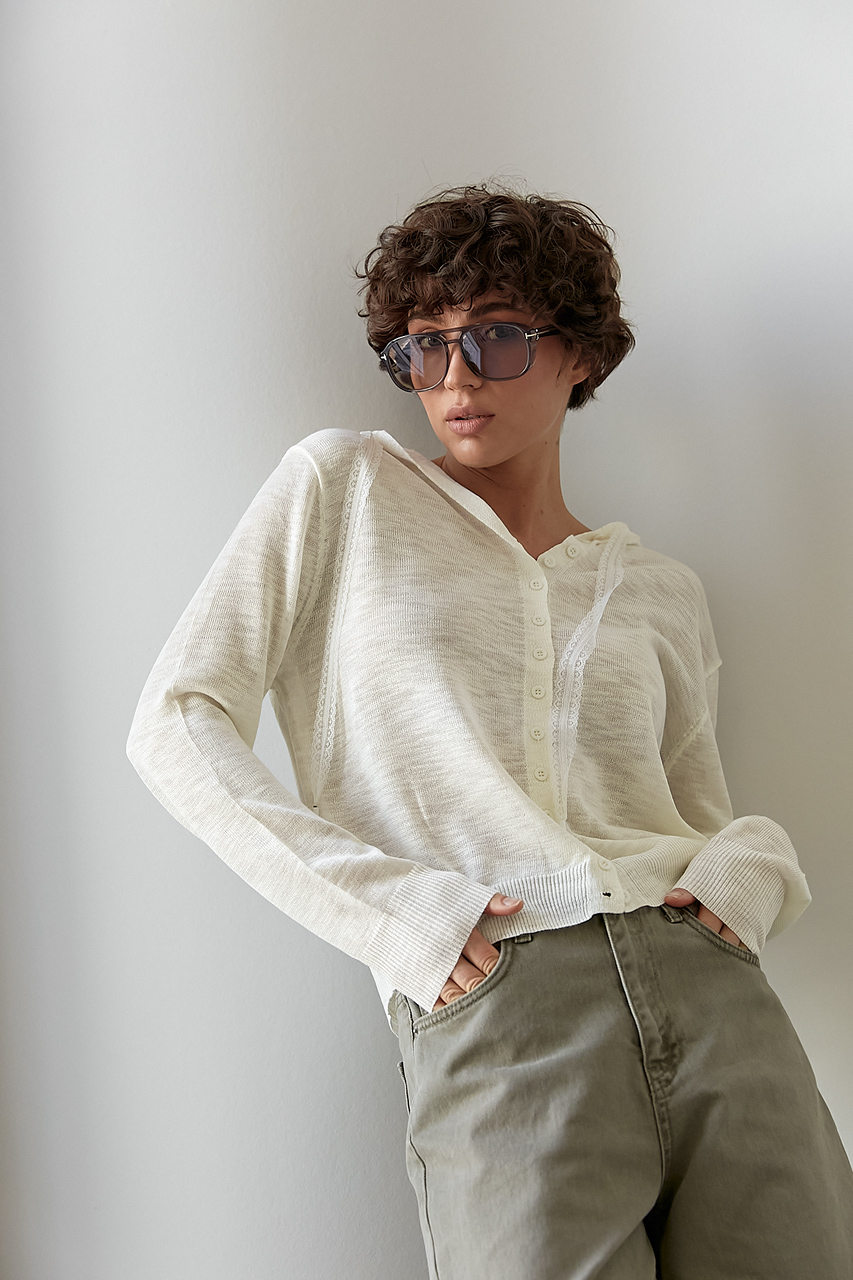 Легкий в'язаний кардиган на ґудзиках із капюшоном  LX-10724947