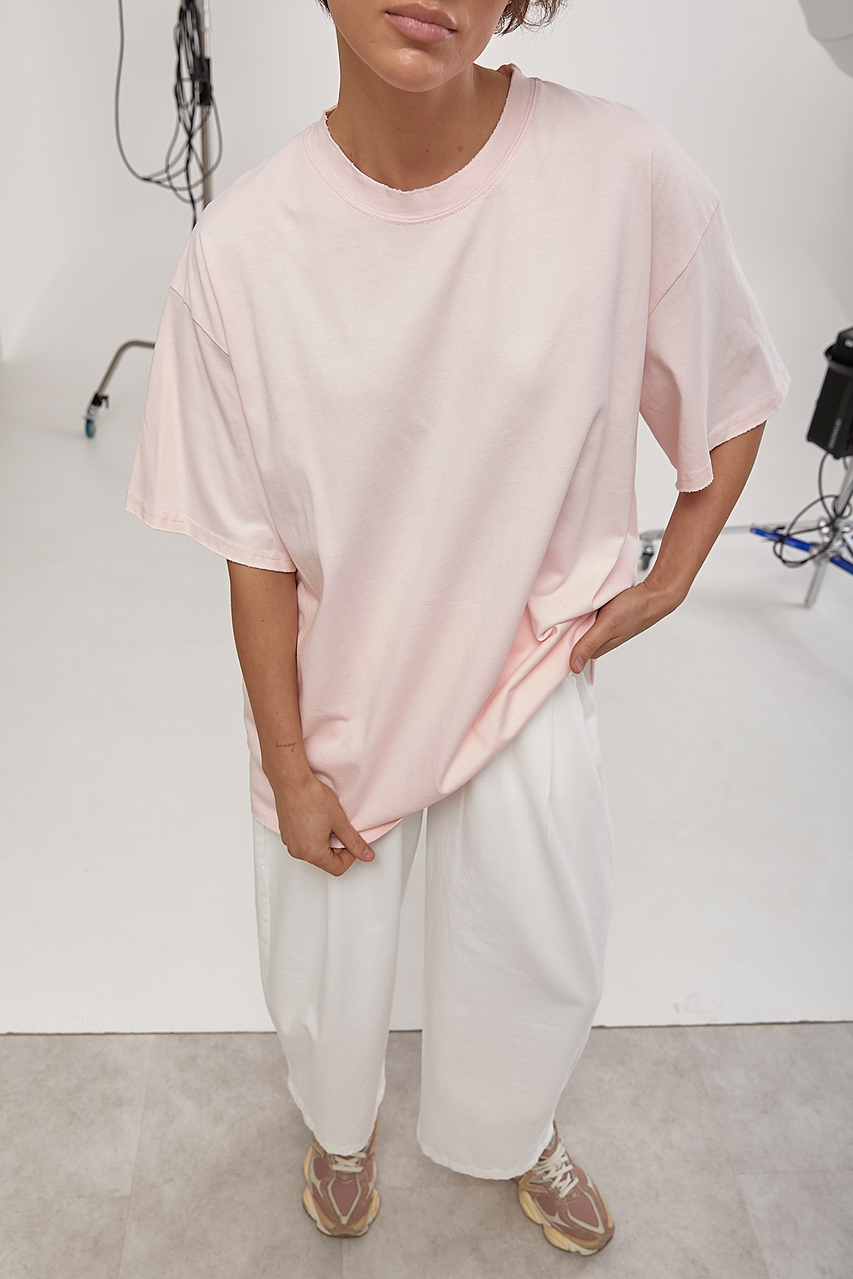 Однотонна футболка вільного фасону з протертими краями LX-10726607 Однотонна футболка вільного фасону з протертими краями LX-10726607