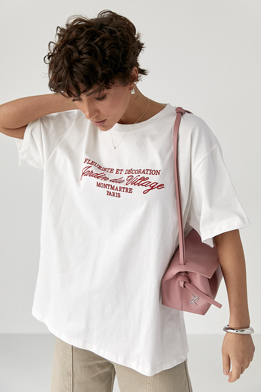 Вільна однотонна футболка з вишитими написами  LX-10727601