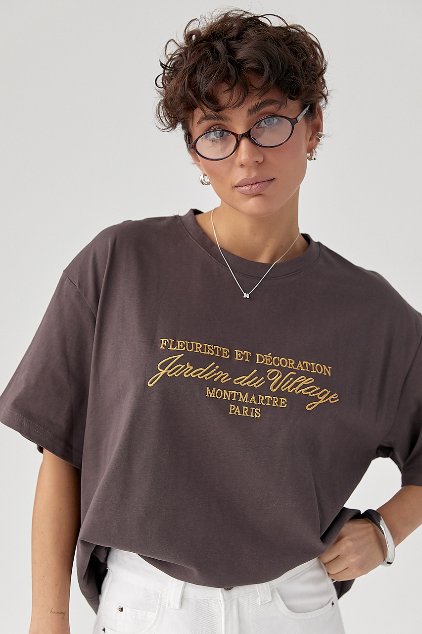 Вільна однотонна футболка з вишитими написами  LX-10727628