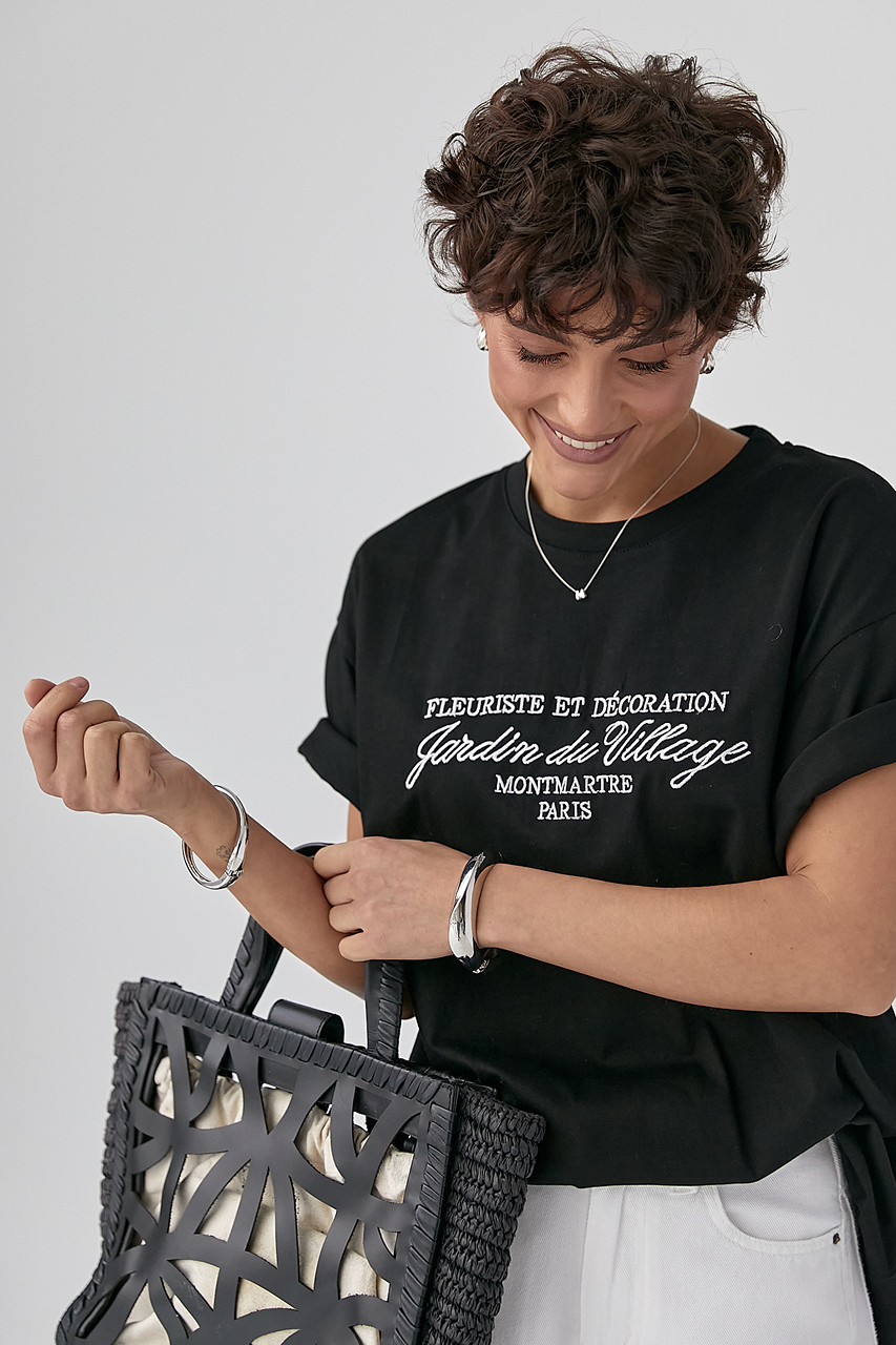 Вільна однотонна футболка з вишитими написами  LX-10727609