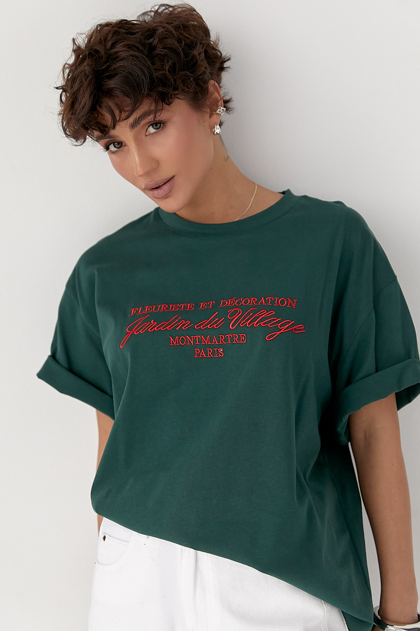 Вільна однотонна футболка з вишитими написами  LX-10727625