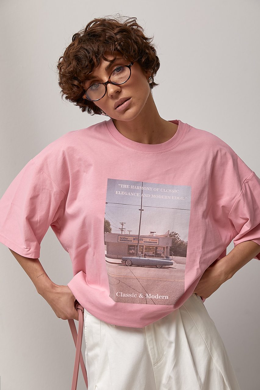 Трикотажна футболка оверсайз із принтом авто  LX-10729414