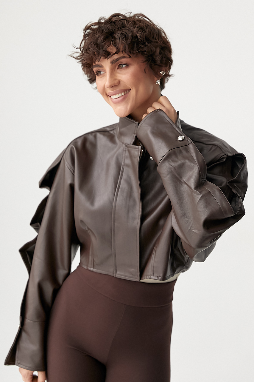 Модна укорочена куртка з екошкіри з високим коміром  LX-10731928