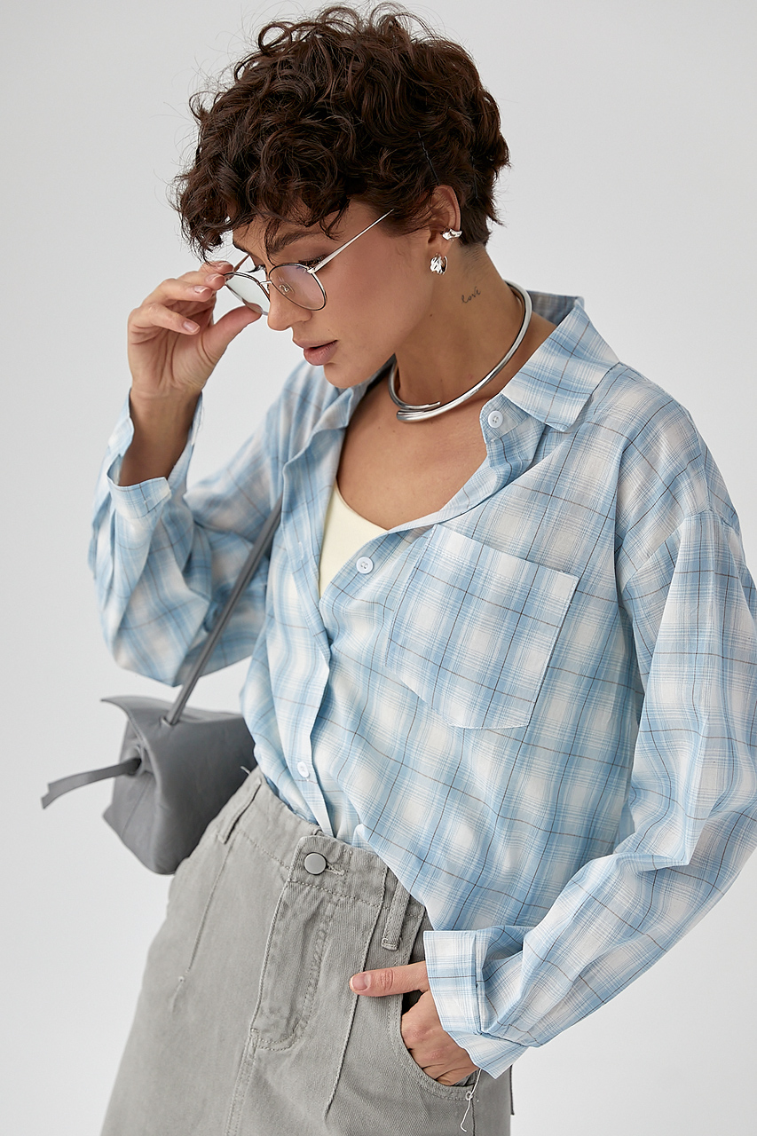 Жіноча сорочка в клітинку з кишенею LX-10732112 Жіноча сорочка в клітинку з кишенею LX-10732112