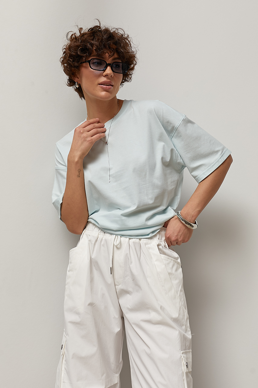 Однотонна трикотажна вільна футболка LX-10733612 Однотонна трикотажна вільна футболка LX-10733612