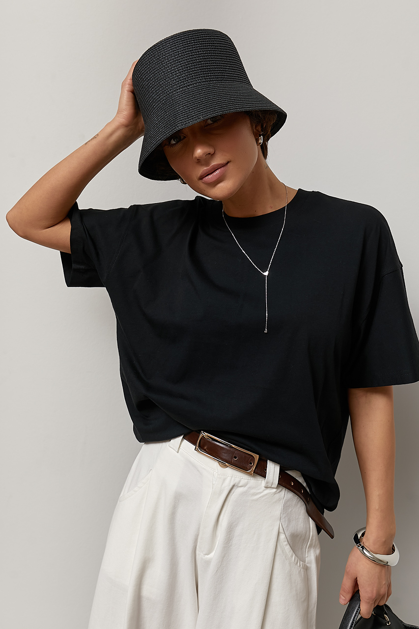 Однотонна трикотажна вільна футболка LX-10733609 Однотонна трикотажна вільна футболка LX-10733609