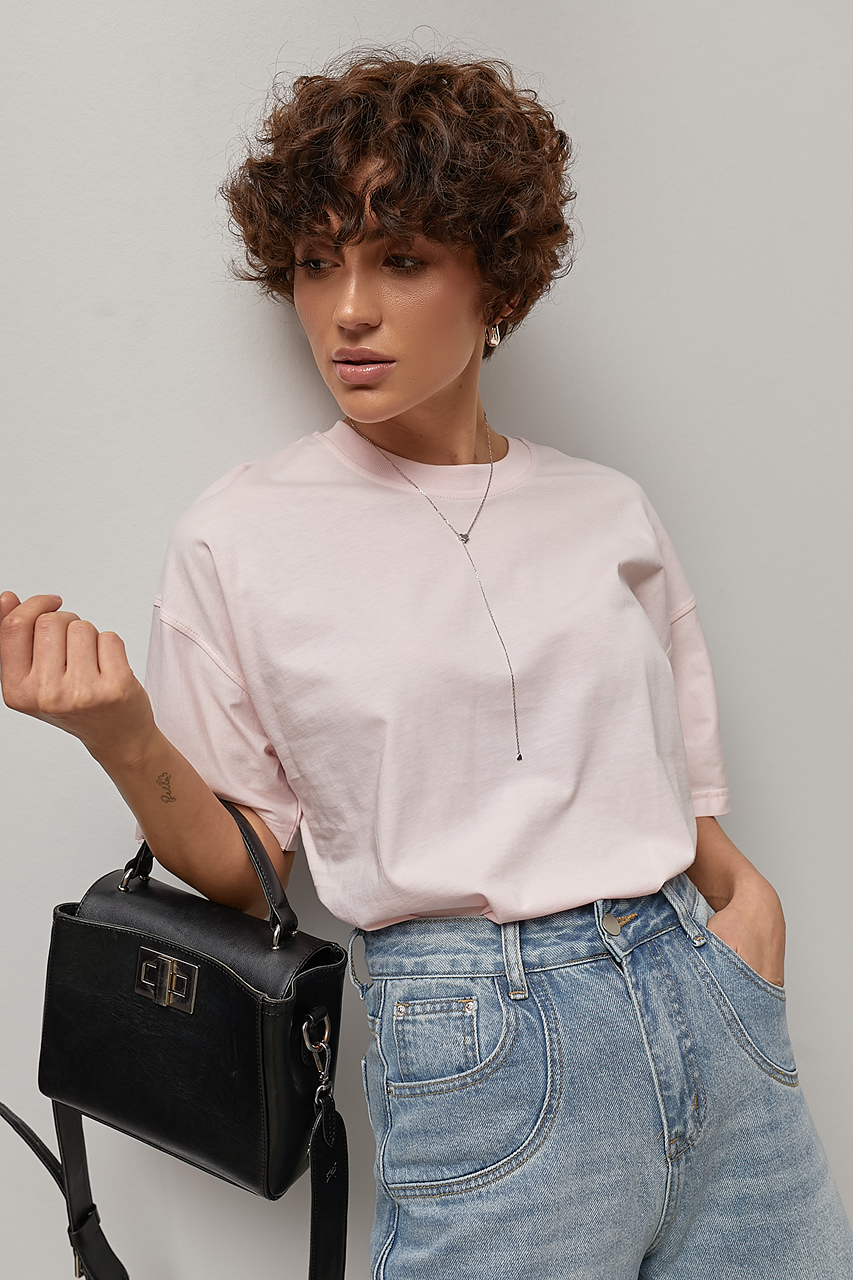 Однотонна трикотажна вільна футболка LX-10733607 Однотонна трикотажна вільна футболка LX-10733607