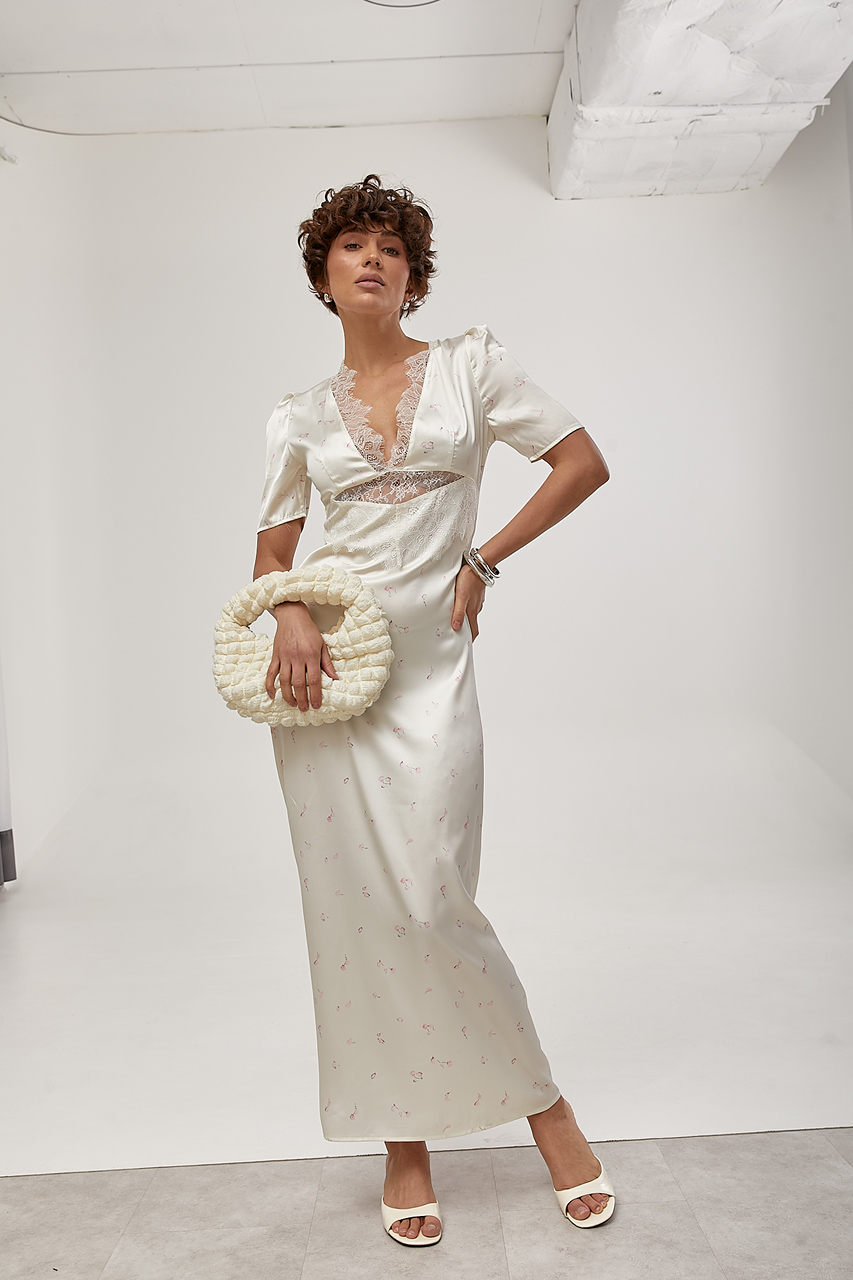 Атласна довга сукня з мереживом  LX-10735219