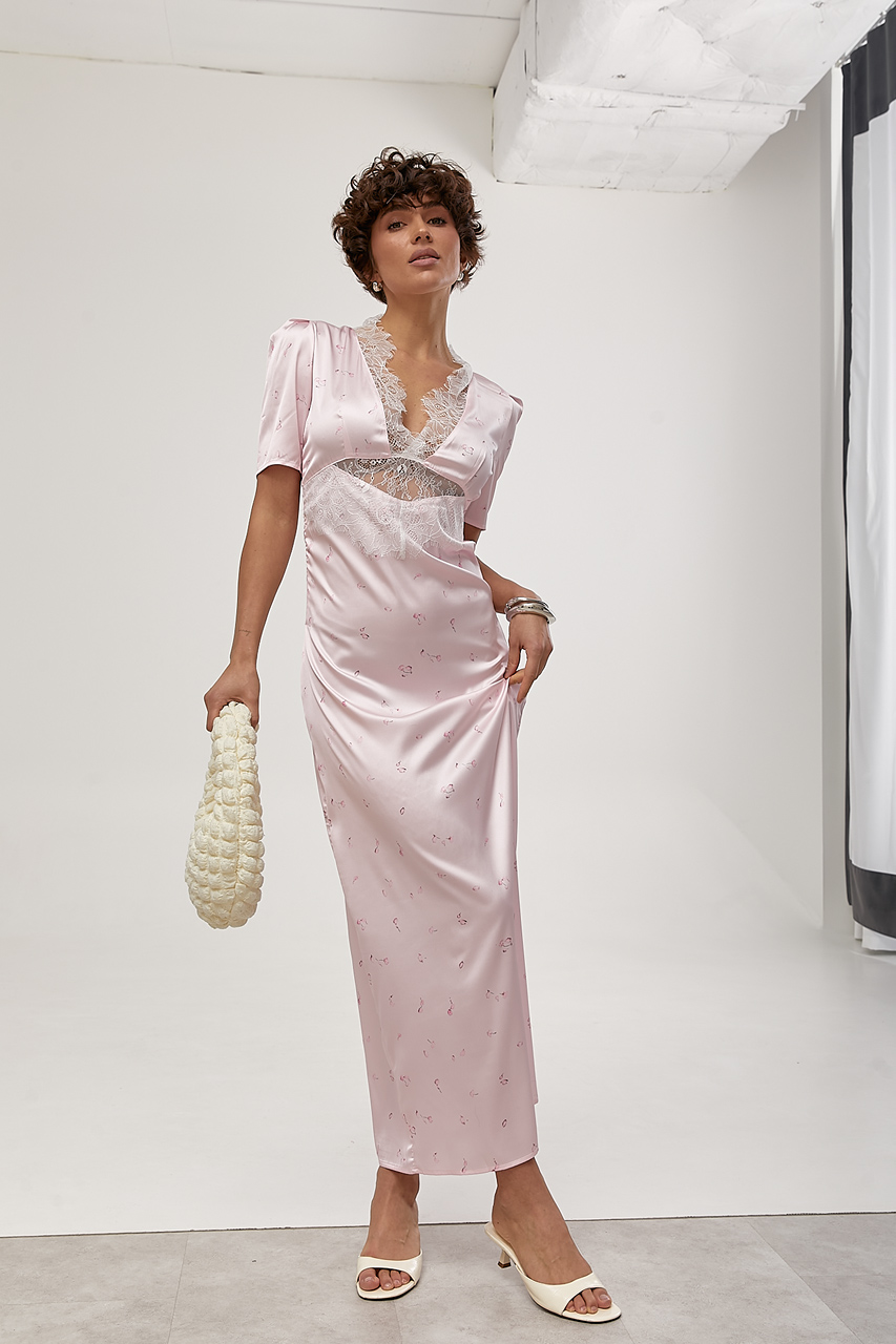 Атласна довга сукня з мереживом  LX-10735214