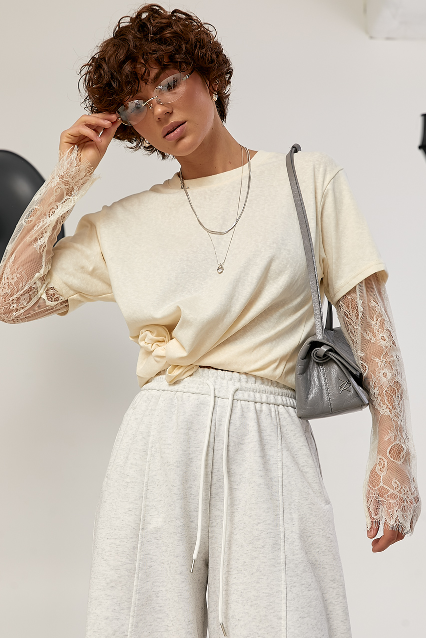 Вільний лонгслів із мереживними рукавами  LX-10735519