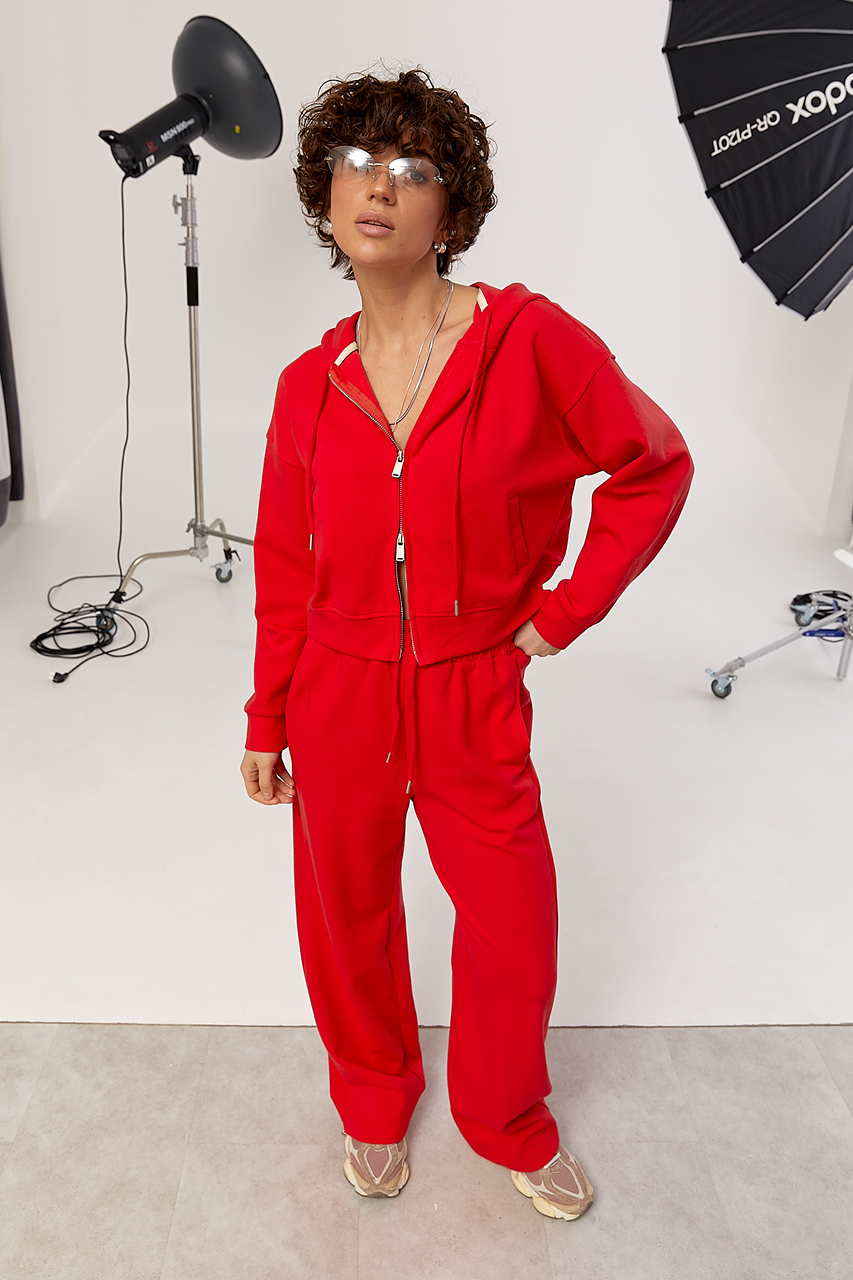 Спортивний костюм в дрібний рубчик з прямими штанами та худі на блискавці  LX-10735721