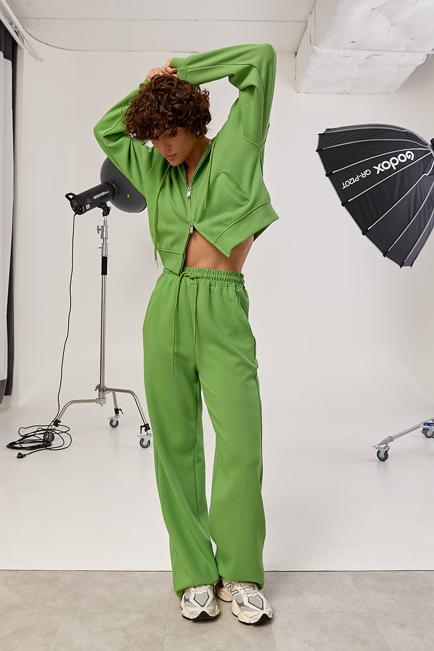 Спортивний костюм в дрібний рубчик з прямими штанами та худі на блискавці  LX-10735725