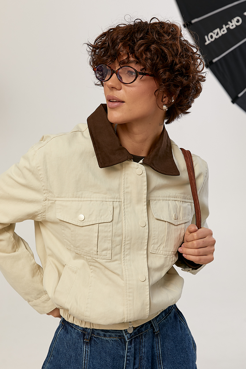 Котонова куртка з контрастним комірцем  LX-10735826