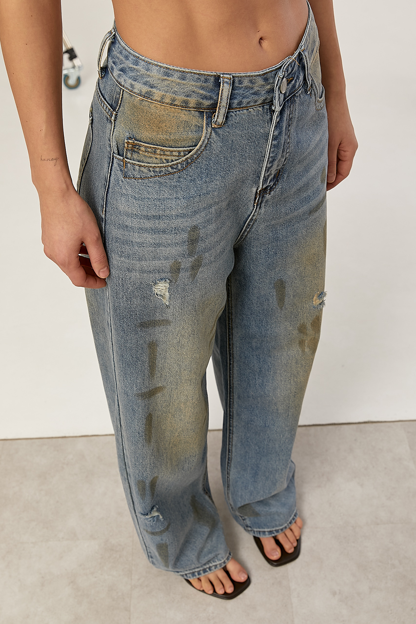 Широкі вінтажні джинси з ефектом забруднення  LX-10736340