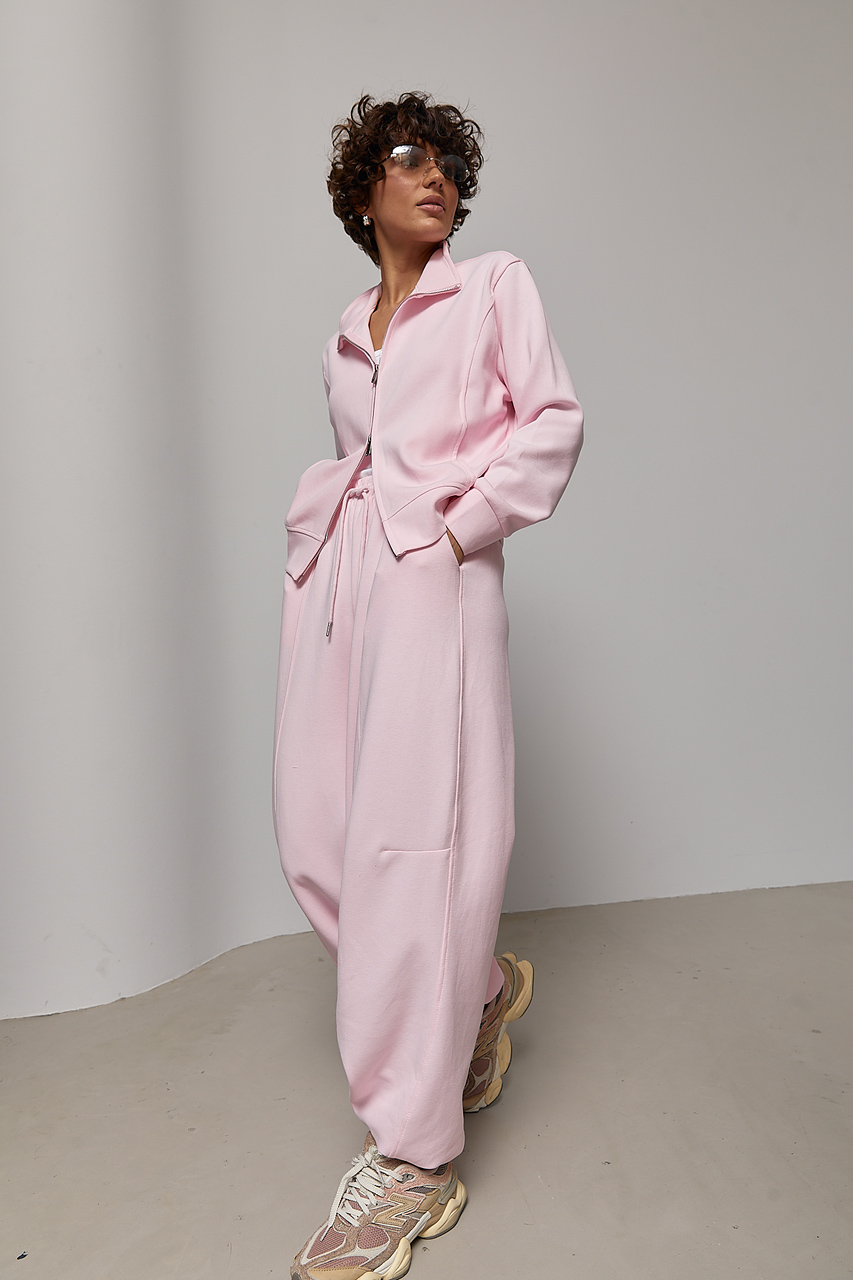 Однотонний спортивний костюм з кофтою на блискавці та штанами багі  LX-10736614